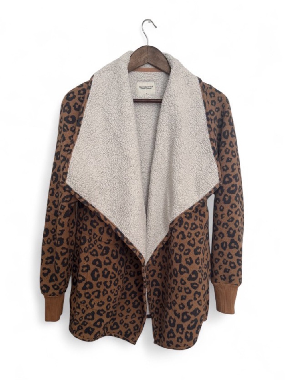 Abercrombie & Fitch Leopard Print Open Sherpa Cardigan - Brown & Cream